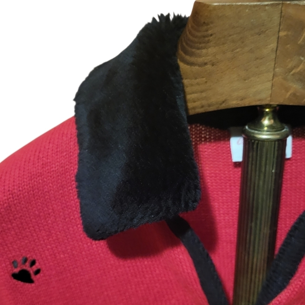 Vintage Crystal Kobe Sweater Red Scottie Dog Pawprint Black Faux Fur Size Small - Picture 2 of 7